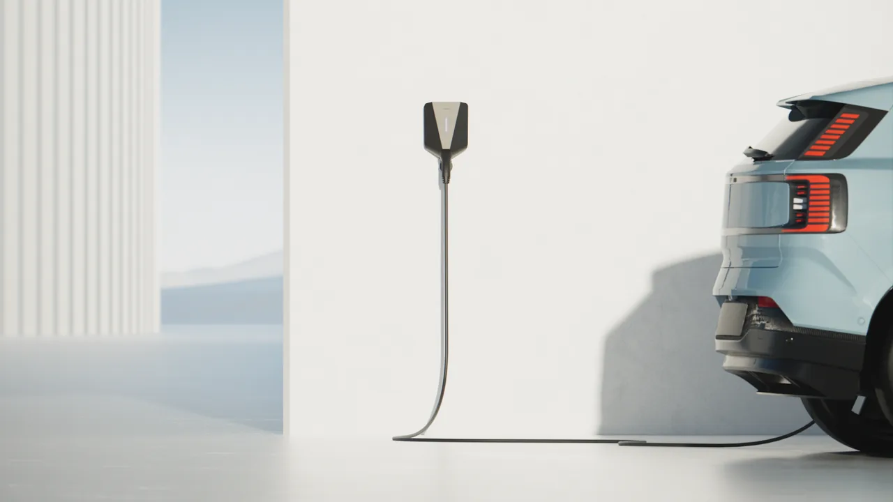 Slanke Easee Charge Up laadpaal aan een lichte muur met de laadkabel naar een elektrische auto