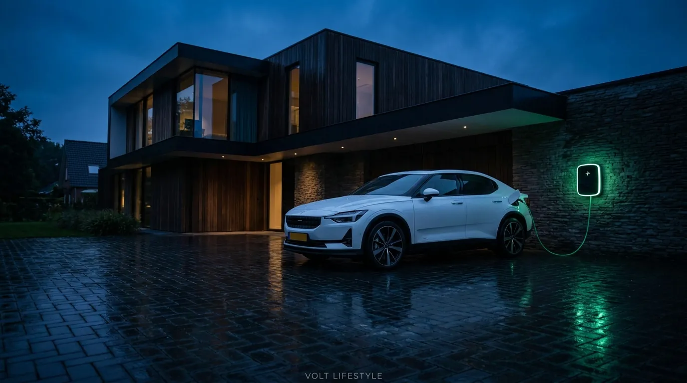 Laadpaal thuis laten installeren door LaadNederland Witte elektrische auto laadt 's avonds aan een wandlaadpaal bij een moderne woning
