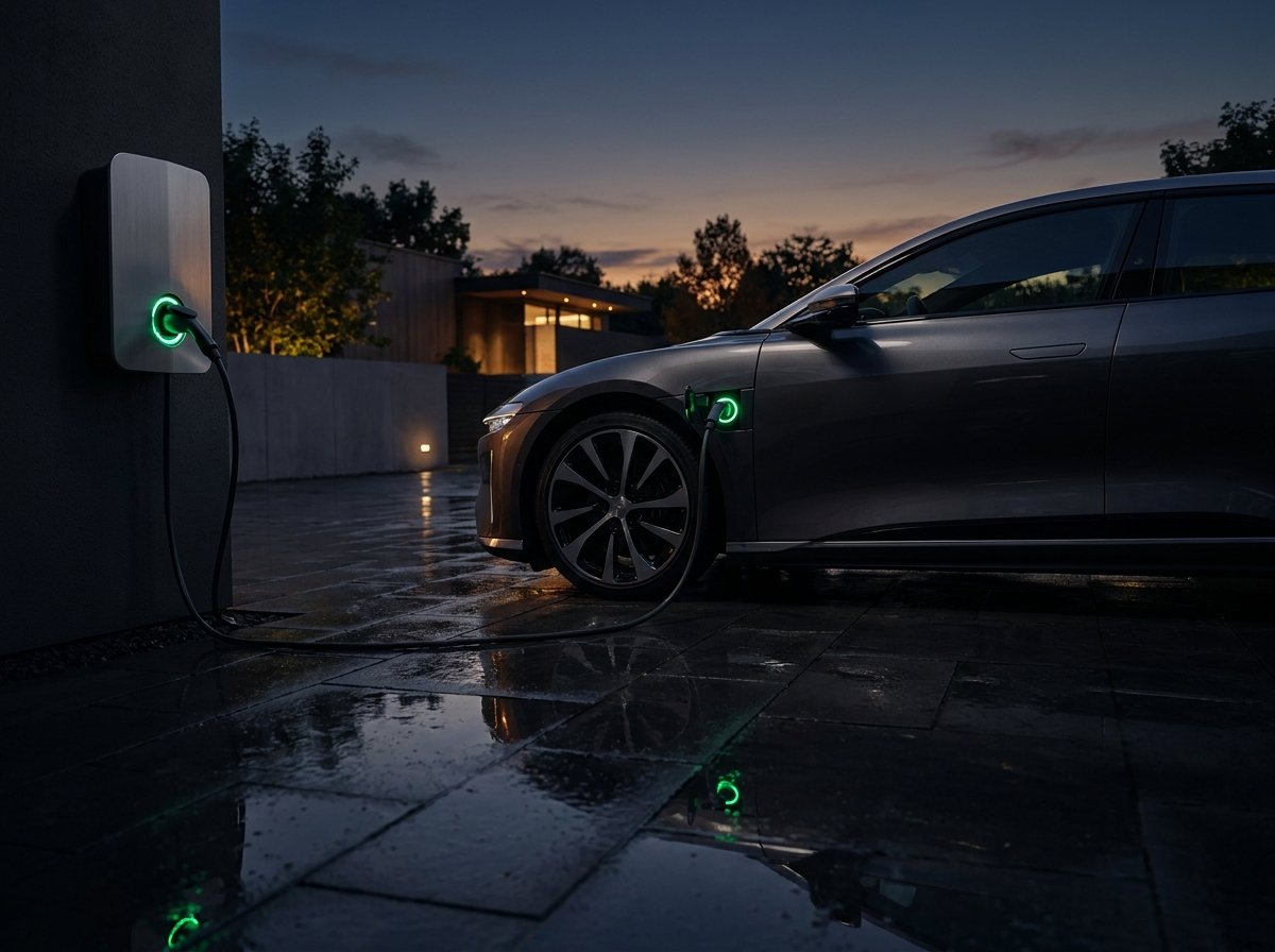 Laadpaal voor thuis op de oprit Elektrische auto laadt 's avonds aan een laadpaal op een oprit