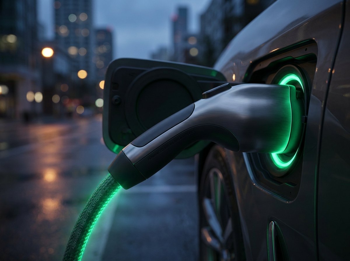 Veilig en slim laden met een eigen laadpaal Laadstekker met groene gloed in de laadpoort van een elektrische auto