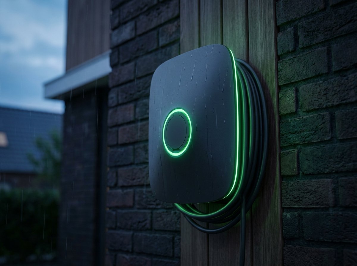 Laadpaal laten installeren door LaadNederland Moderne wandgemonteerde laadpaal met groene LED-ring aan de gevel van een woning