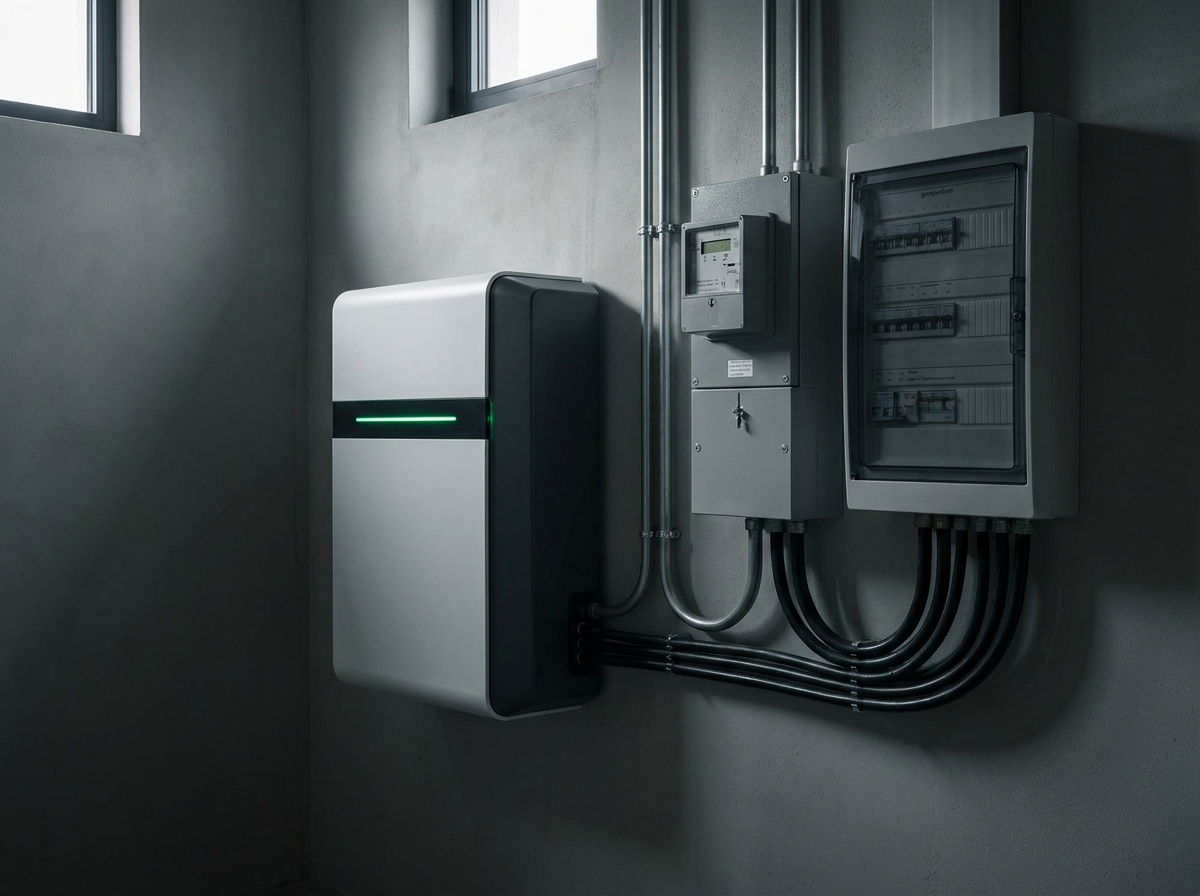 Thuisbatterij laten installeren naast de groepenkast Thuisbatterij aan de muur naast een groepenkast met bekabeling in een technische ruimte