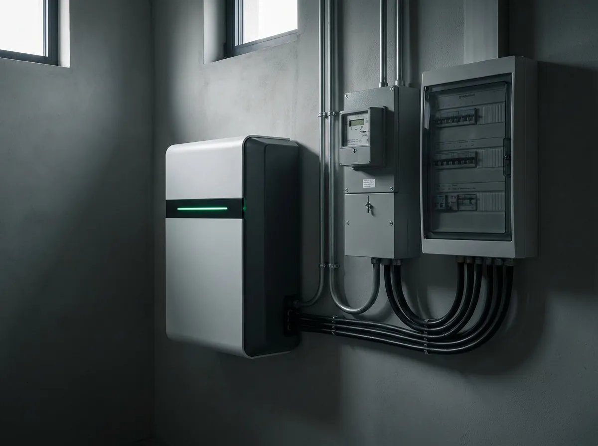 Thuisbatterij laten installeren naast de groepenkast Thuisbatterij aan de muur naast een groepenkast met bekabeling in een technische ruimte
