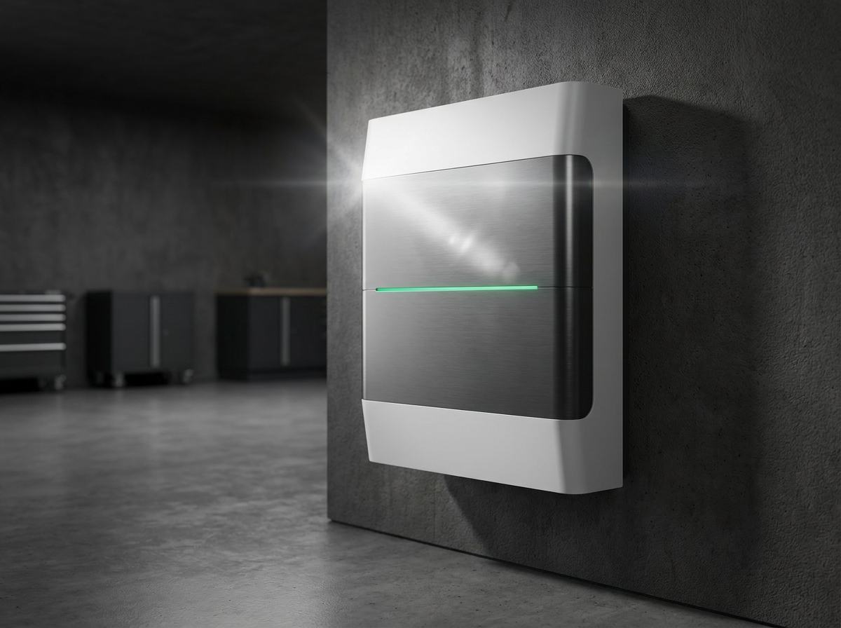 Thuisbatterij laten plaatsen door LaadNederland Moderne wandgemonteerde thuisbatterij met groene statusindicatie in een garage