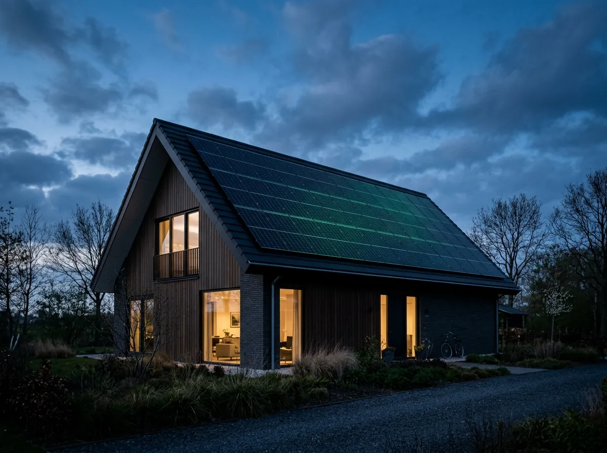 Strakke zwarte zonnepanelen op het dak van een moderne woning bij schemering