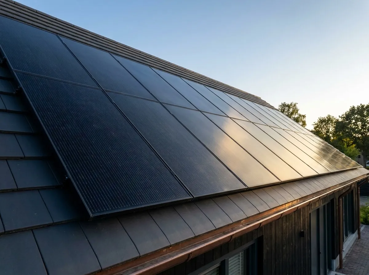 Rijen strakke zwarte zonnepanelen op een schuin dak van een moderne woning onder een blauwe lucht