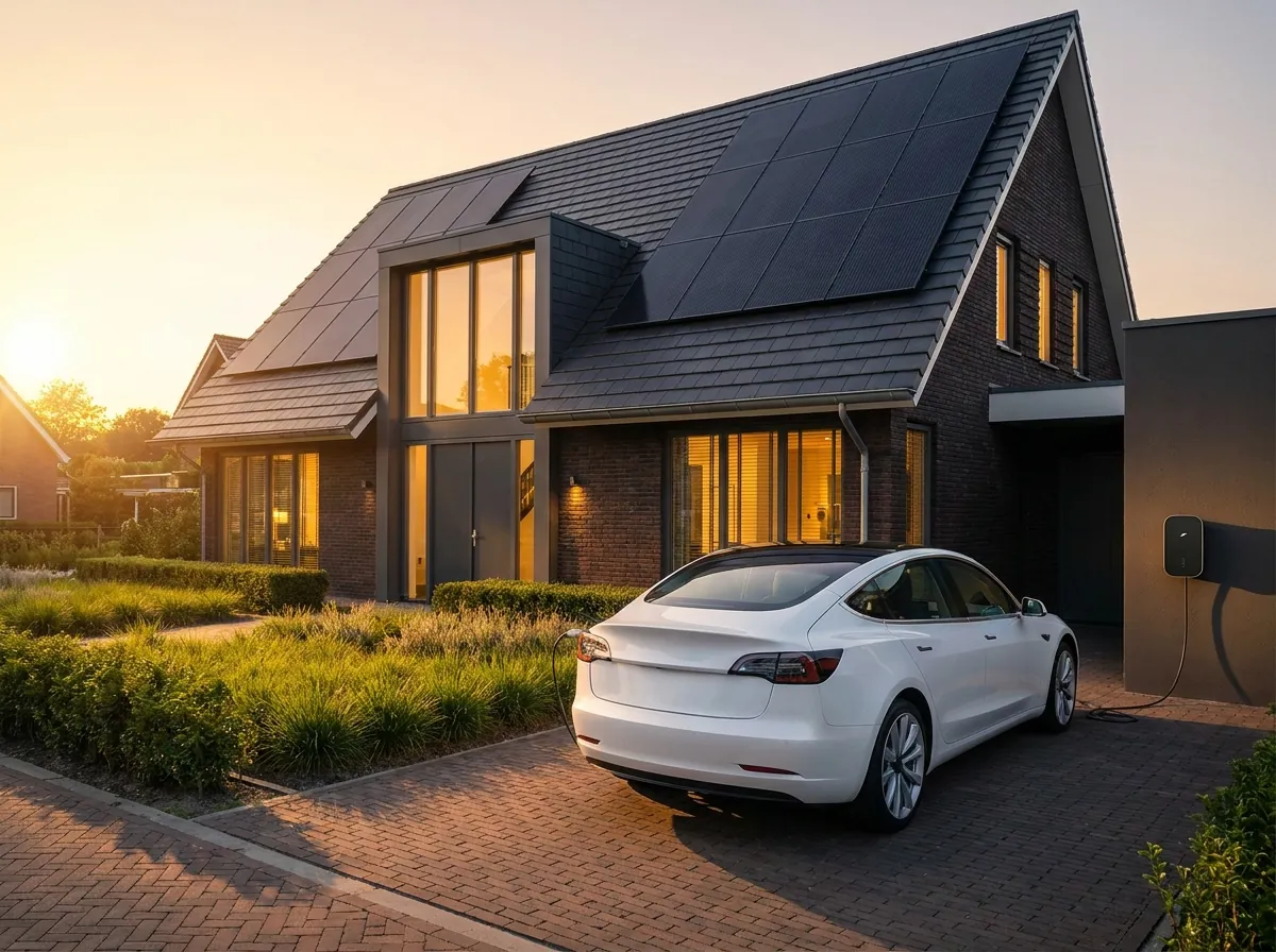 Salderingsregeling stopt in 2027, gevolgen voor zonnepanelen Woning met zonnepanelen en een ladende elektrische auto, waar saldering per 2027 stopt